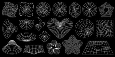 Y2K aesthetic set of 3D wireframe shapes, perspective grids and heart. vector