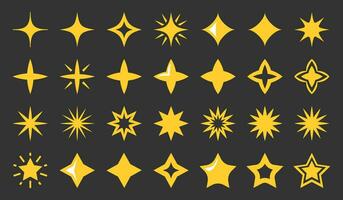 Yellow stars and sparkles icon set isolated on dark background. vector