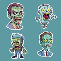 cuatro dibujos animados zombi pegatinas con varios piel colores, ropa, y expresiones vector