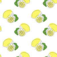 Seamless pattern with lemon on white background. Continuous one line drawing lemon. Black line art on white background with colorful spots. Vegan concept vector