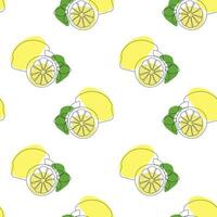 Seamless pattern with lemon on white background. Continuous one line drawing lemon. Black line art on white background with colorful spots. Vegan concept vector