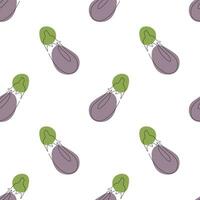 Seamless pattern with eggplant on white background. Continuous one line drawing eggplant. Black line art on white background with colorful spots. Vegan concept vector