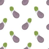 Seamless pattern with eggplant on white background. Continuous one line drawing eggplant. Black line art on white background with colorful spots. Vegan concept vector