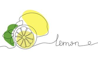 Continuous one line drawing lemon. Vector illustration. Black line art on white background with colorful spots. Cartoon lemon isolated on white background.  Vegan concept