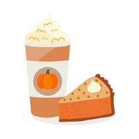 Pumpkin spice latte coffee cup with sweet slice pie. vector