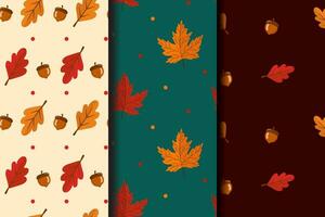 Set of autumn seamless patterns. Abstract autumn texture. Design for fabric, wallpaper, textile and decor. Background with leaves, acorns. vector
