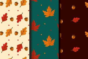 Set of autumn seamless patterns. Abstract autumn texture. Design for fabric, wallpaper, textile and decor. Background with leaves, acorns. vector