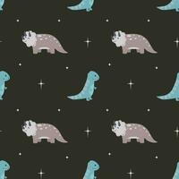 WeSeamless pattern with cute dinosaur on starry space background. Perfect for wrapping paper, posters, fabric and other design. vector