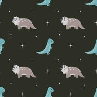 WeSeamless pattern with cute dinosaur on starry space background. Perfect for wrapping paper, posters, fabric and other design. vector