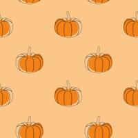 Seamless pattern with pumpkin on beige background. Continuous one line drawing pumpkin. Black line art on beige background with colorful spots. Vegan concept vector