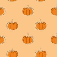 Seamless pattern with pumpkin on beige background. Continuous one line drawing pumpkin. Black line art on beige background with colorful spots. Vegan concept vector