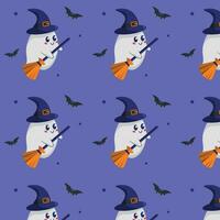 seamless Halloween pattern with cute ghost and broom vector