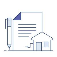 Property Agreement, Real Estate Contract. The contract icon featuring a document, house, and pen represents property agreements and real estate contracts. vector