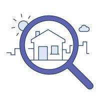 Magnifying Glass Icon Around a House with Neighborhood. Neighborhood Exploration, Home Search. vector