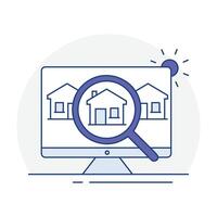 en línea propiedad buscar, hogar descubridor. computadora pantalla con Tres casas y un aumentador vaso en un casa. vector