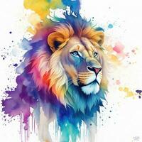 Lion head on colorful watercolor splashes background. Hand drawn illustration. AI Generated. photo