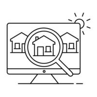 The home search icon with a computer screen, three houses, and a magnifying glass on the center house signifies efficient property searching and house discovery through online tools. vector