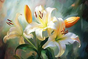 Oil painting of white lily flowers on canvas illustration. Beautiful botanic lily flower oil paint illustration, AI Generated photo