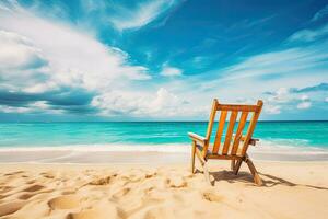 Beautiful beach with chair at Seychelles, Mahe, Chairs on the sandy beach near the sea. Summer holiday and vacation concept for tourism. Inspirational tropical landscape, AI Generated photo