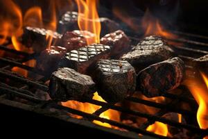 Closeup of barbecue grill with fire flames. Shallow depth of field, Barbecue Grill Pit With Glowing And Flaming Hot Charcoal Briquettes, Close Up, AI Generated photo