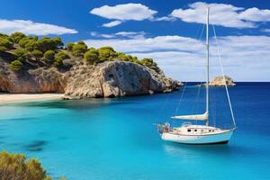 velero en el turquesa mar, cerdeña, Italia, hermosa playa con navegación barco yate, cala macarelleta, menorca isla, España, ai generado foto