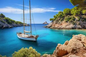 Sailing boat in Calanques, Costa Brava, Catalonia, Spain, Beautiful beach with sailing boat yacht, Cala Macarelleta, Menorca island, Spain, AI Generated photo