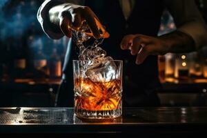 Bartender pours whiskey into a glass with ice cubes. Bartender pouring cocktail, top section cropped, AI Generated photo