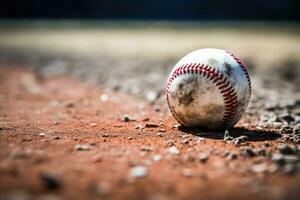béisbol pelota en un rojo béisbol campo con superficial profundidad de campo, béisbol en el dentro del campo tiza línea, ai generado foto