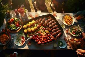 grupo de amigos teniendo parilla fiesta al aire libre. selectivo enfocar. alimento, parilla cena a un verano fiesta, parte superior vista, ai generado foto