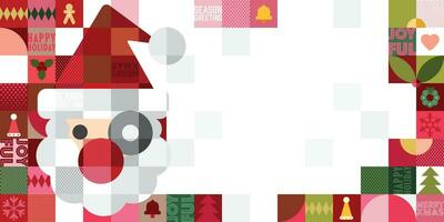 Santa Clause's face and colorful Christmas elements in mosaic punchy style vector illustration have blank space.