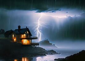 House near the beach with lightning photo