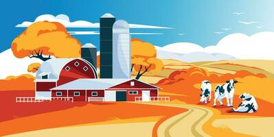 Autumn farm among orange hills. Agriculture and farming. Pets. Cows Vector flat illustration