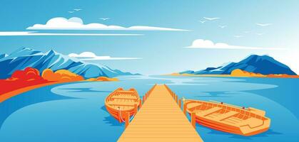 muelle con barcos otoño paisaje. calma agua en el laguna. horizonte. publicidad de turismo, viajar, aventuras y recreación. vector ilustración