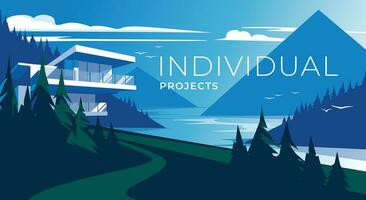 modern cottage in the middle of a forest mountain. A lake with calm water. Blue and green. Advertisement of the architectural and construction office. Vector illustration