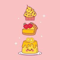 flat design vector cute kawaii colorful sweets cupcake pie pudding illustration collection