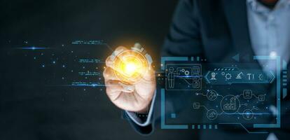 Engineers are pointing to HUD holograms to control a robotic. concept of technology and science, AI, Artificial intelligence technology, Machine learning, Data exchange, industry 4.0, innovative photo