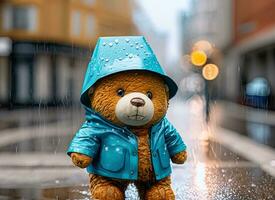 Teddy bear wear raincoat on the street photo