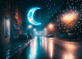 Rain on the street at night with lights photo