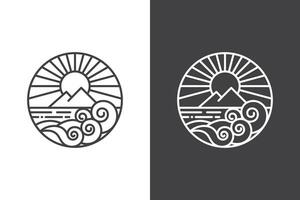 circular ocean waves logo line art with sunlight behind a mountain in the middle of the sea vector