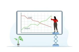 concept of businesswoman taking profit and cost reduction graph, Growth and decline in company profits, Diagram of increase and decrease in profits. Company performance indicators. vector illustration