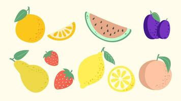 Fruit collection in flat hand drawn style, lemon, orange, peach, strawberry, watermelon, plum, pear illustrations set. Vector graphic