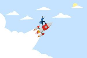 Business startup concept, Successful entrepreneurs start a business by riding a rocket that flies across the sky. project launch, goal achievement, flying rocket, business concept illustration. vector