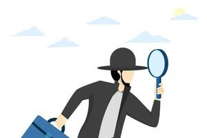 Concept of observation or inspection to know and find useful information, detective or investigating and analyzing data, intelligent detective looking through a magnifying glass to search for evidence vector