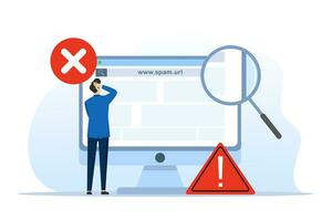 Concept of suspicious and dangerous hyperlinks, spam urls or website addresses, safe browsing and warning notifications, security system in browser. the site is blocked. flat vector illustration.