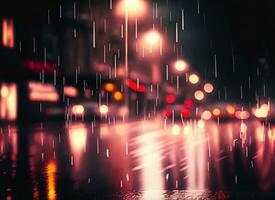 Rain on the street at night with lights photo