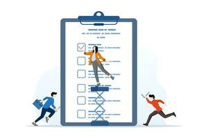 concept of survey or questionnaire, to-do list, clipboard with to-do list check marks, task management to track work completion, achievements, businessman with pencil and checklist clipboard. vector