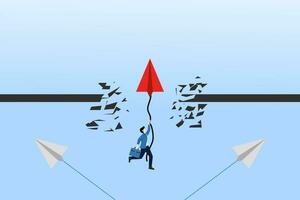 Concept of overcoming obstacles, hurdles, goals, targets with red paper planes breaking through obstacles while other paper planes don't. business or leadership efforts for growth and success. vector