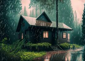 House in the middle of the forest in the rainy season photo