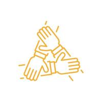 eps10 vector three hands support each other line art icon, concept of teamwork symbol isolated on white background