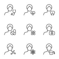 Vector line icon set for web sites, stores, banners, infographic. Signs of stethoscope, pulse, tooth, meds, plaster, suitcase, atom, square hat by male user